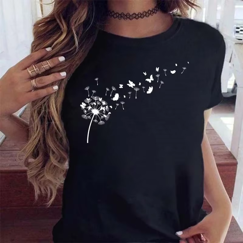T-shirt à manches courtes pour femme avec imprimé graphique de pissenlit