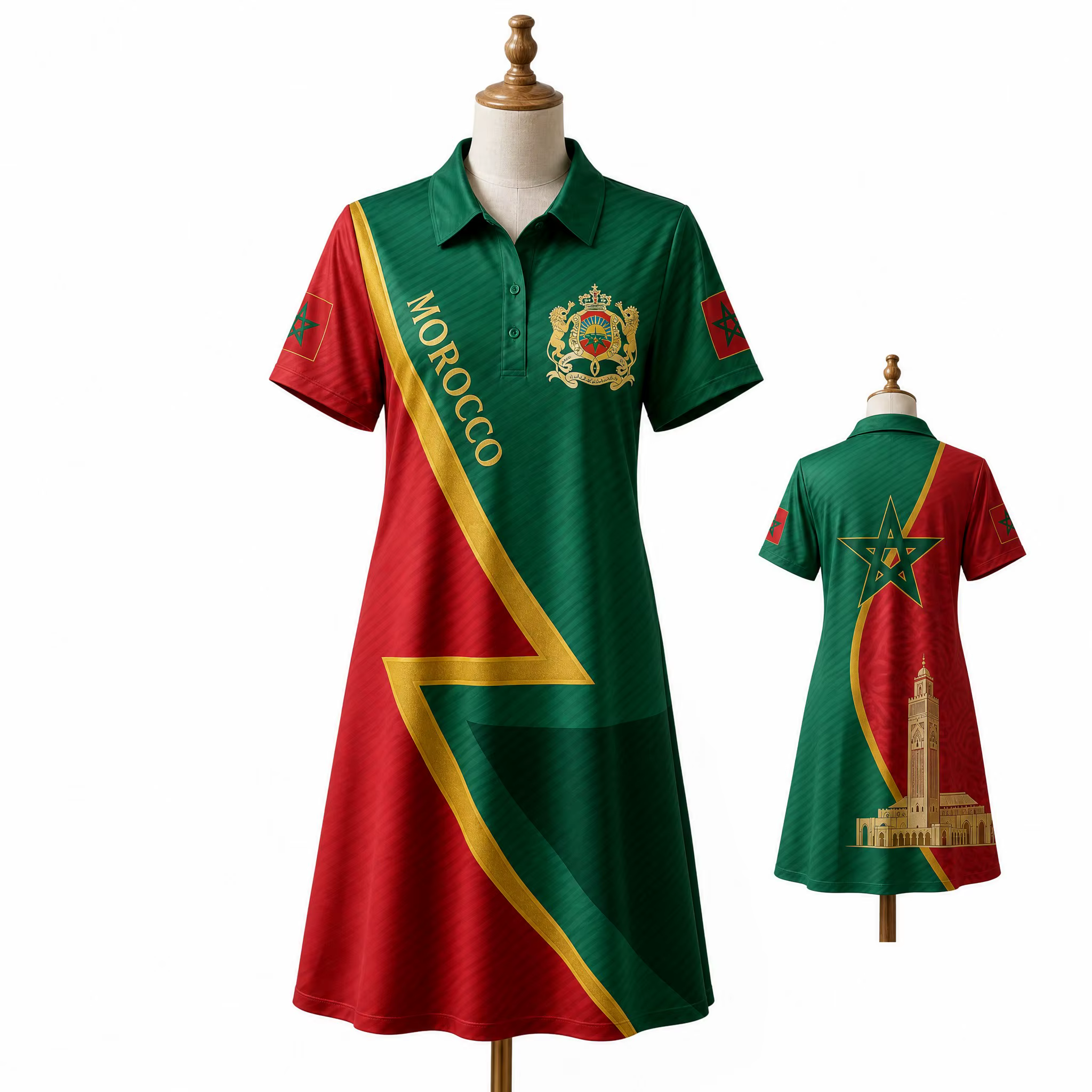 Robe Polo Femme Marocaine Rouge Vert Imprimé Carte Étoiles Manches Courtes Décontractée Coupe Évasée Été Voyage Quotidien Mode Élégante Héritage