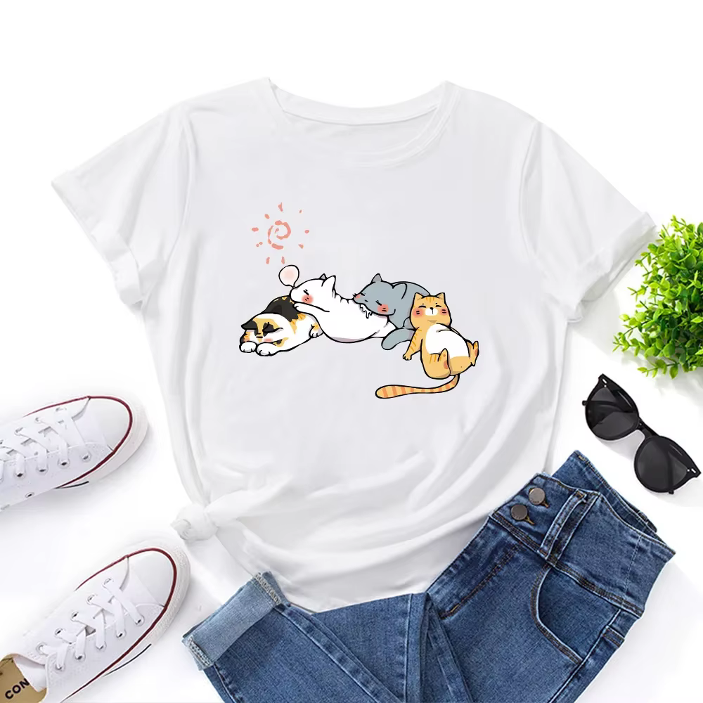 100% coton femmes T-shirt dormir chat imprimé graphique t-shirts amples chemise à manches courtes femme
