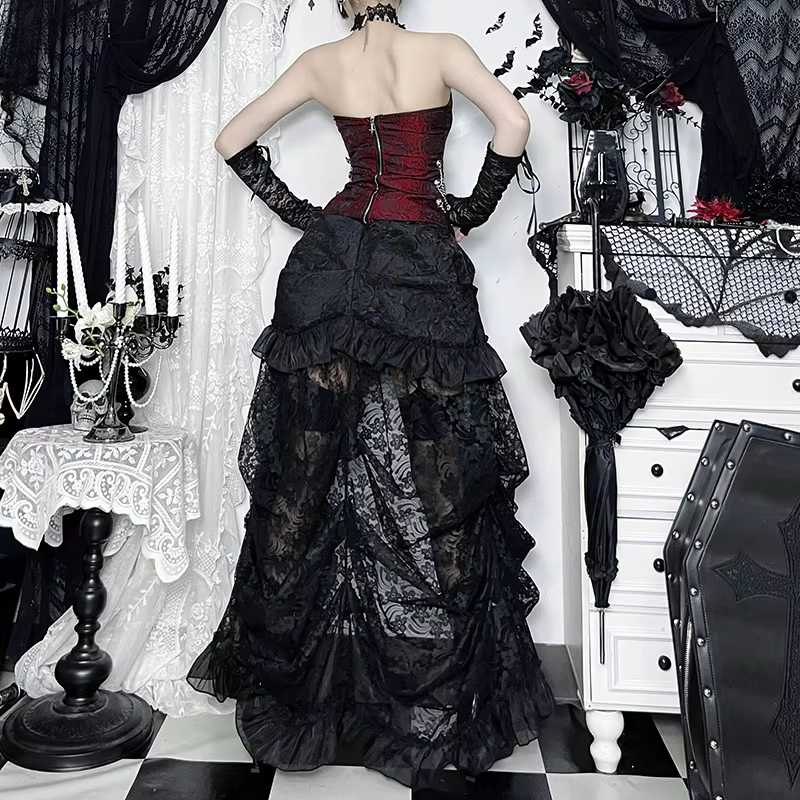 Nouveauté 2026 – Débardeur court vintage Y2K Dark Punk Grunge sans bretelles pour femme – Top bustier sexy ajouré style gothique pour l'été