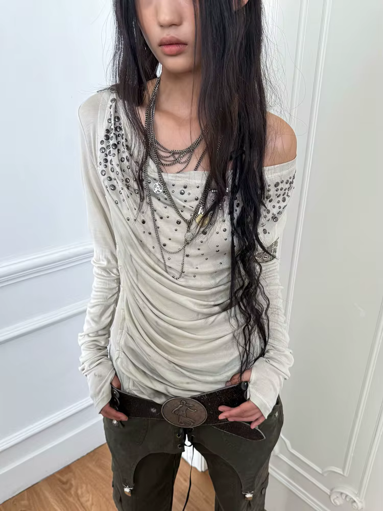 À la mode américain rétro y2k Harajuku punk début d'automne col pivotant épaule oblique chaud diamant imprimé design sens haut emo