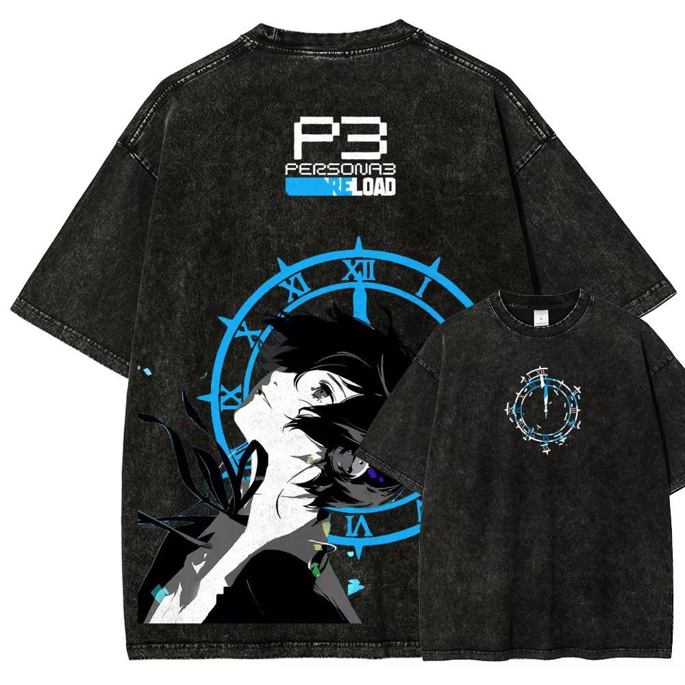 T-shirt Persona 3 Reload P3R Graphique Vintage Délavé Unisexe Oversize Anime Streetwear Coton Vêtements Hauts Décontractés Été