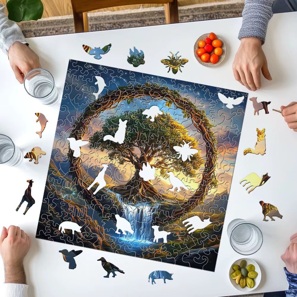 Puzzle en bois de rivière cascade arbre de vie pour adultes | Jeu familial créatif irrégulier de forme unique –