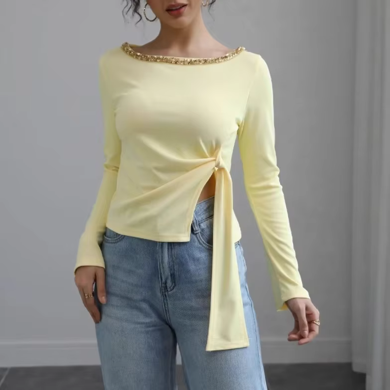 2025 femmes haut à paillettes cravate taille ourlet irrégulier moulante ajusté T-Shirt décontracté fête Blouse automne glamour Streetwear