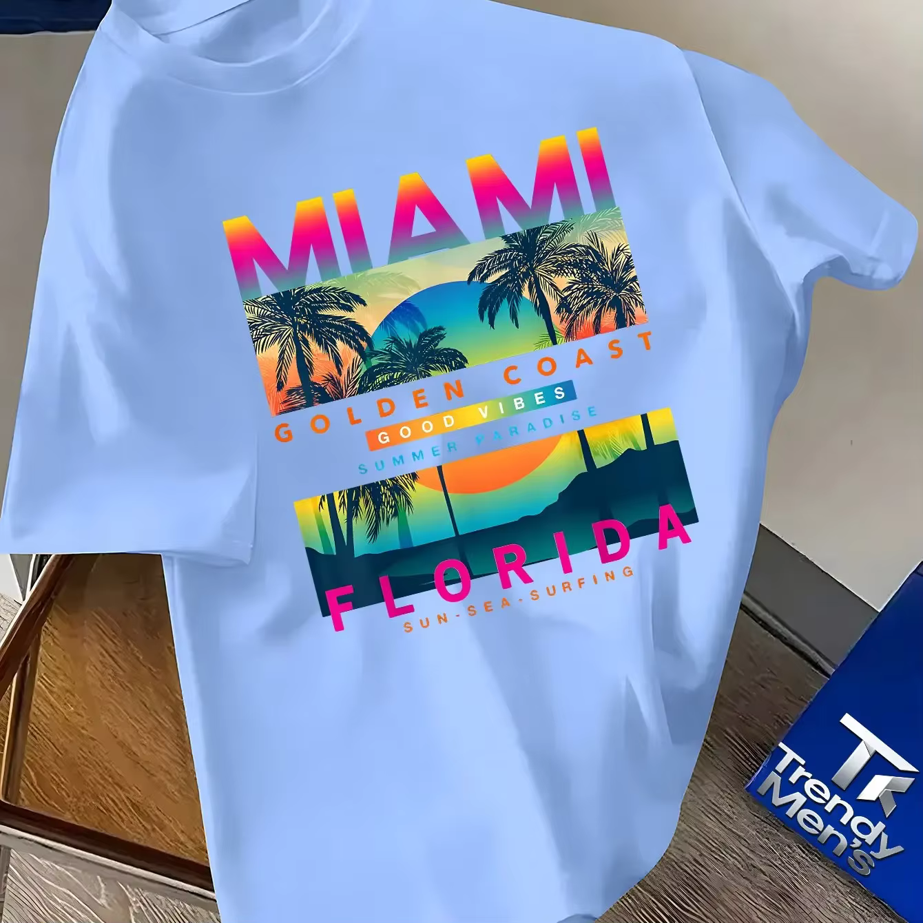 T-shirt pour homme Miami Florida, best-seller, 100% coton, imprimé plage estivale "Gold Coast", style décontracté, style streetwear, plein d'ambiance tropicale