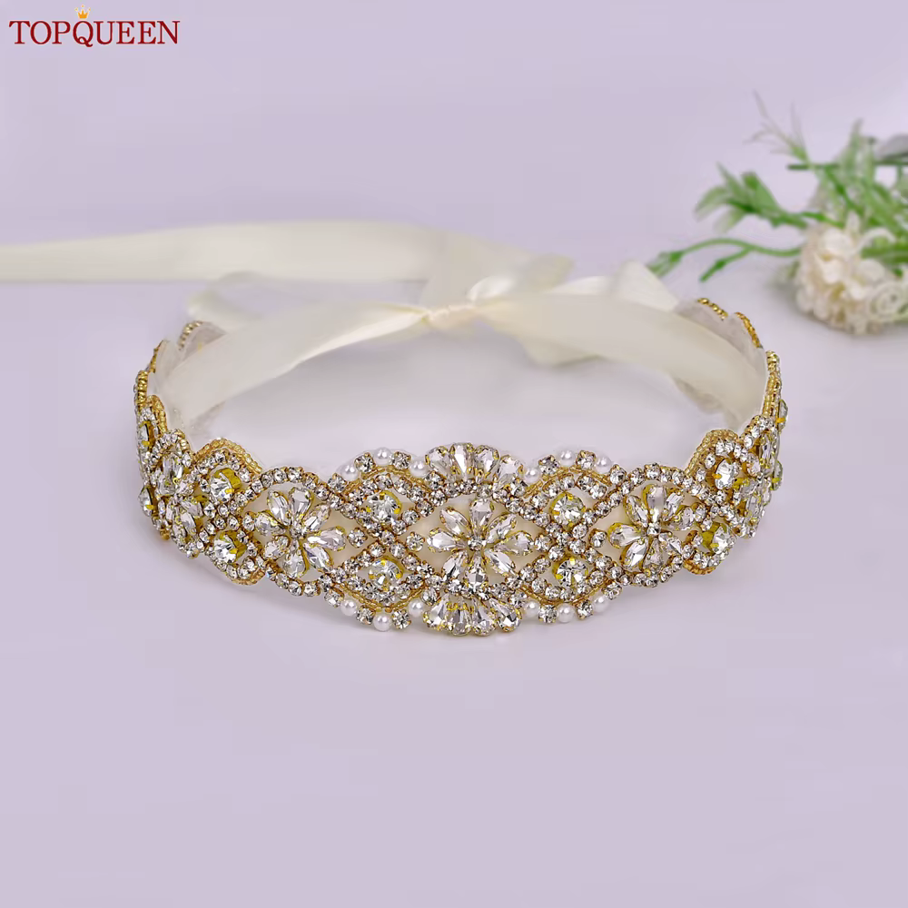 TOPCLS EEN robe de mariée ceinture de luxe cristal doré femmes Saree large biscuits Applique pour soirée robe de mariée cadeaux S161B-G