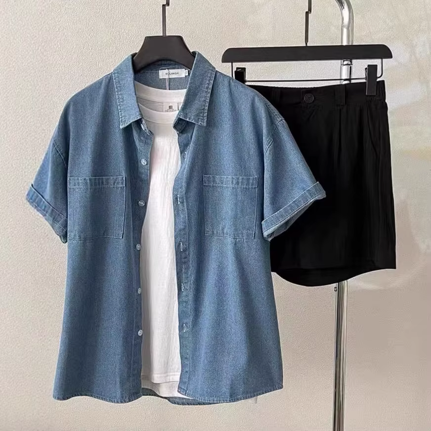 Chemise décontractée vintage en denim ample à manches courtes pour femmes printemps été nouveau style polyvalent col