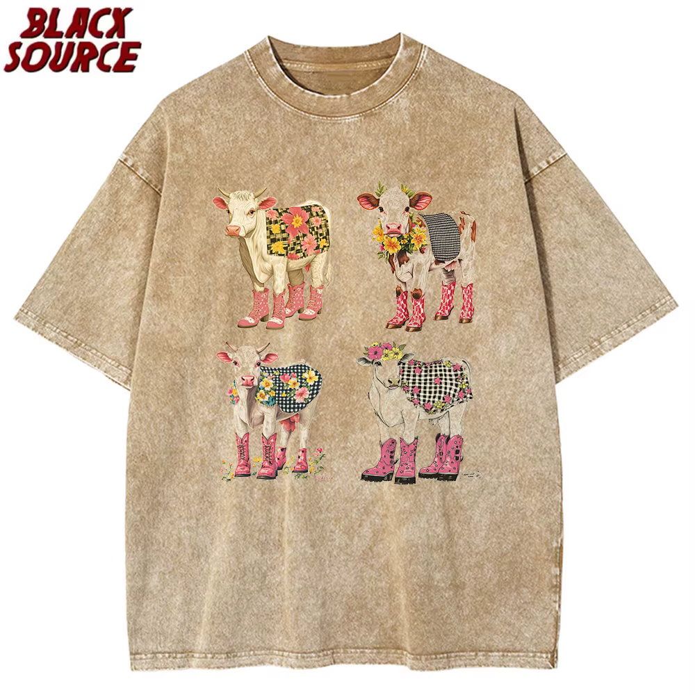 T078 T-Shirt imprimé vache de dessin animé mignon pur coton lavé épaule col rond Style neutre mode tendance nouveau court de haute qualité