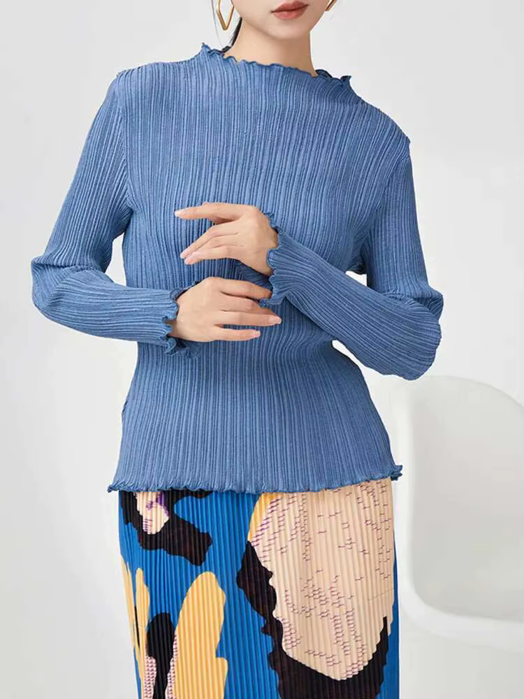 LANMREM T-shirt plissé pour femmes col à volants manches longues couleur unie Style mince femme haut 2025 printemps nouveau 2DB1078