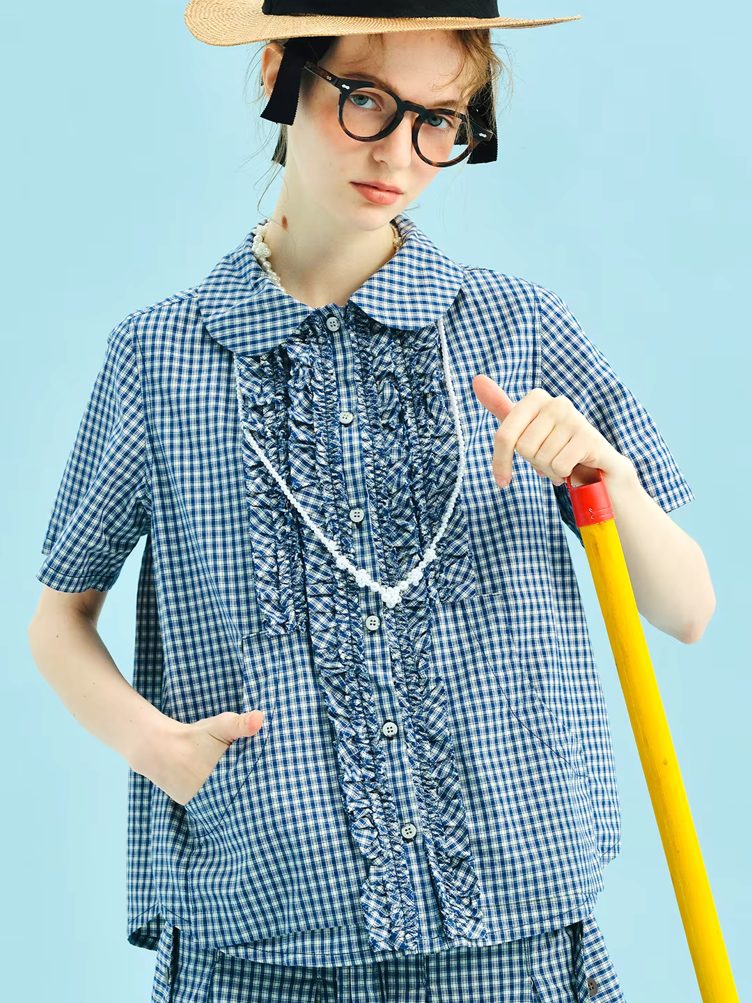 Chemise à carreaux bleue 2025 imakokoni style d'été pur coton lavé col de poupée dentelle manches courtes femmes 255011