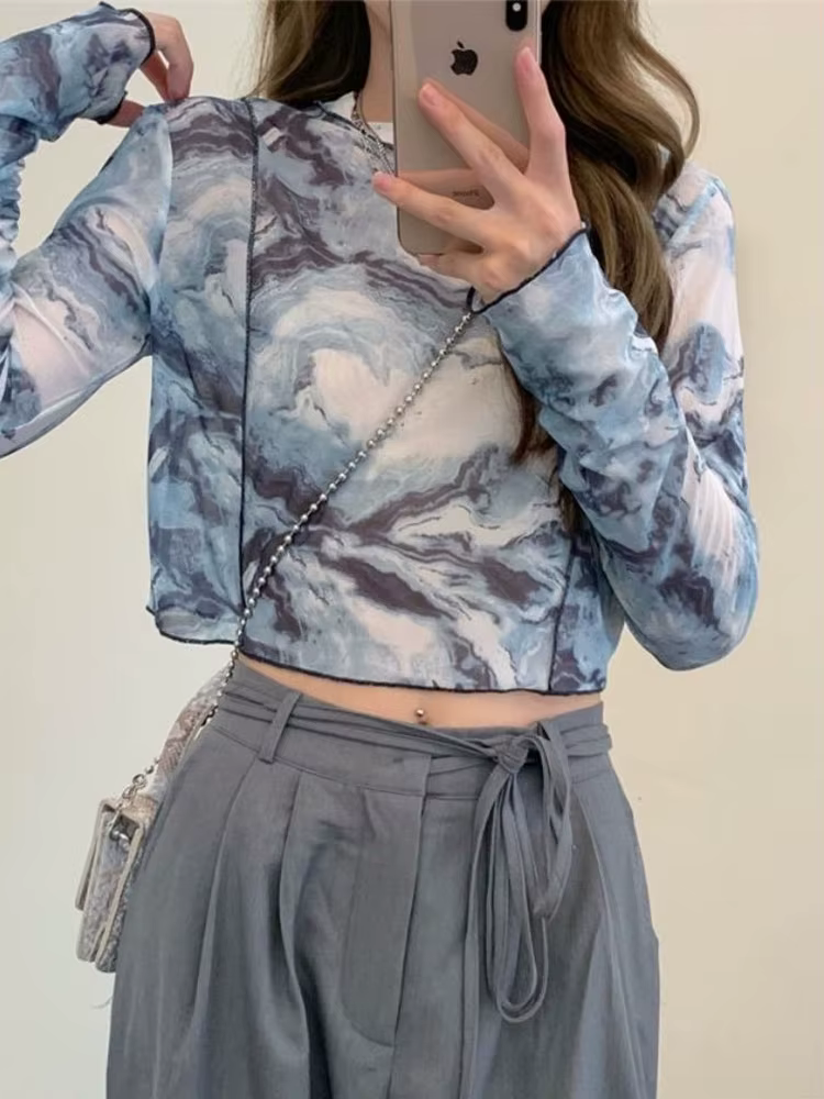 T-shirt à manches longues imprimé tie-dye pour femmes