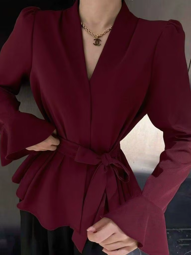 Chemisiers et chemises bordeaux pour femmes, style coréen vintage Y2k Gyaru, chemisier à manches longues et col en V, chemise à manches évasées tendance, automne