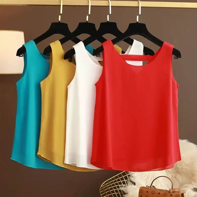 Star avec le même licou en mousseline de soie gilet femmes haut ample été nouveau vêtement à l'extérieur avec chemise à fond court sans manches MOYISU L-5XL