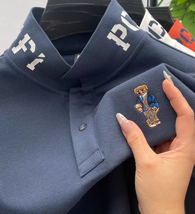 Marque de luxe hommes Polo revers ours broderie impression à manches longues 100 coton T-Shirt automne affaires mode