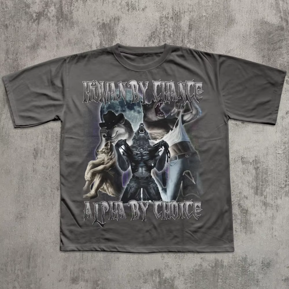 T-shirt drôle et ironique « Human By Chance Alpha By Choice » avec loup déchirant
