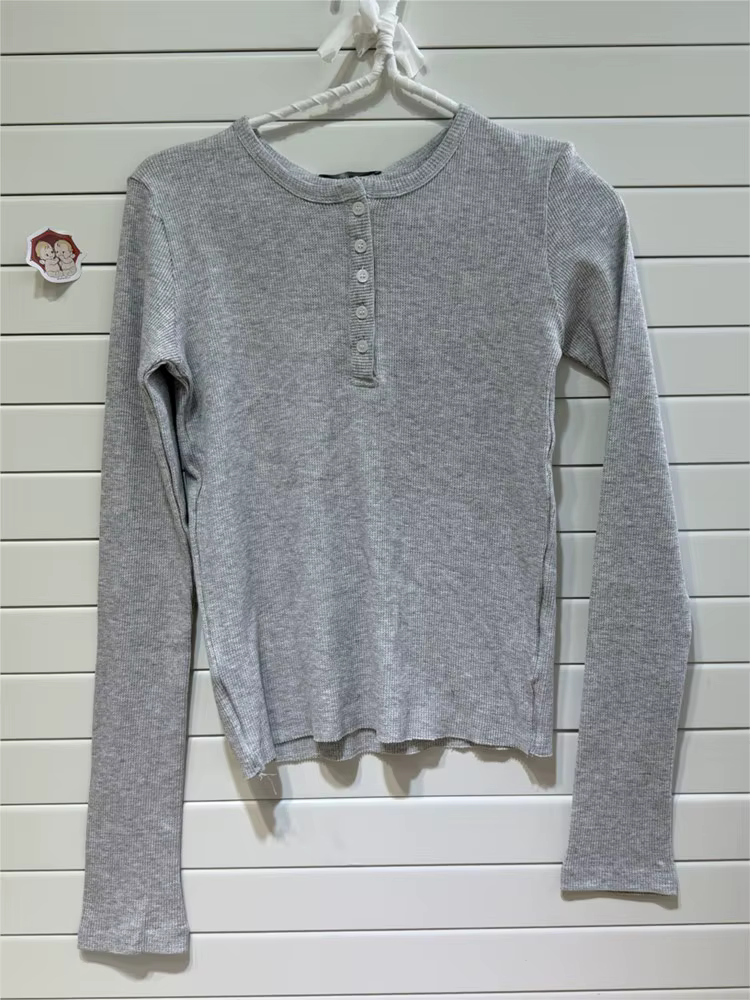 Gris gaufre mince à manches longues T-Shirt femmes printemps boutons col rond rétro Y2k