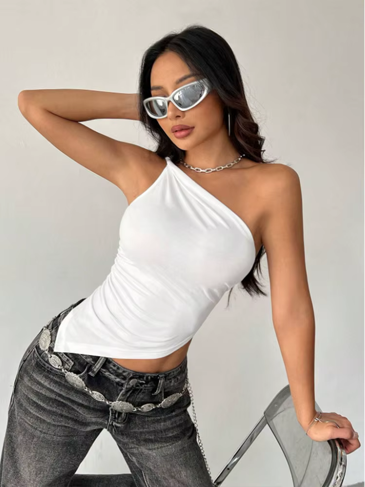 2025 nouveau T-Shirt femme décontracté à la mode couleur unie simple épaule asymétrique haut ajusté col une pièce