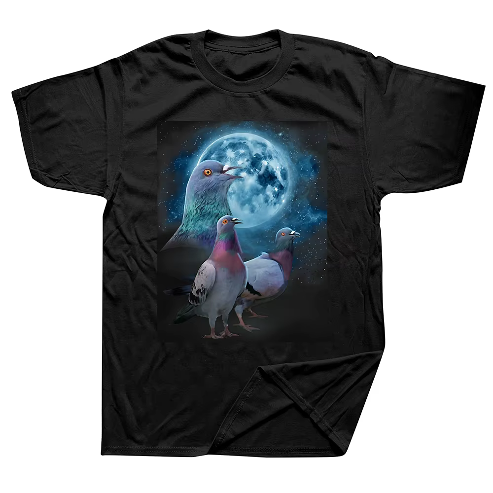 Pigeons hurlant à la lune drôle oiseau t-shirt hauts col rond à manches courtes mode