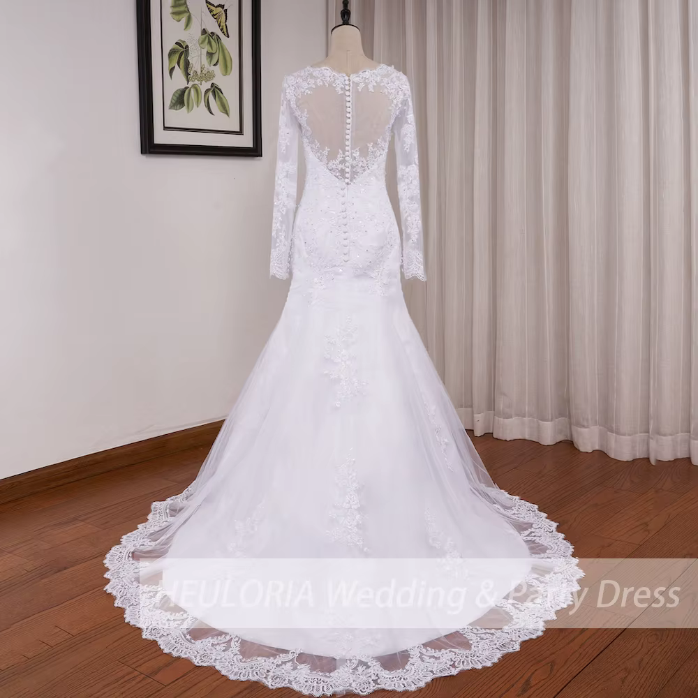 Robes de mariée sirène à manches longues col rond Robe