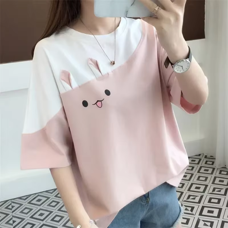 T-shirt rose pour femme, haut mignon pour fille, mode coréenne, été, 2024