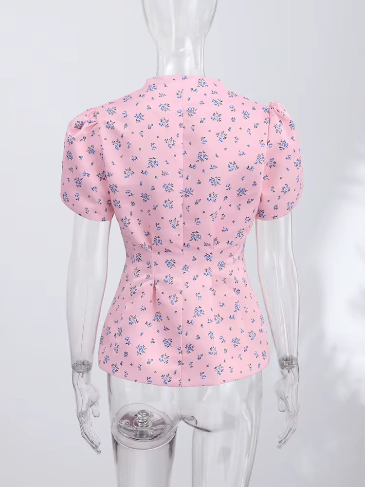 T-shirt Chic Femme Imprimé Manches Courtes Col V Boutonné Tunique Slim Top Féminin Été Streetwear 2026 Bureau