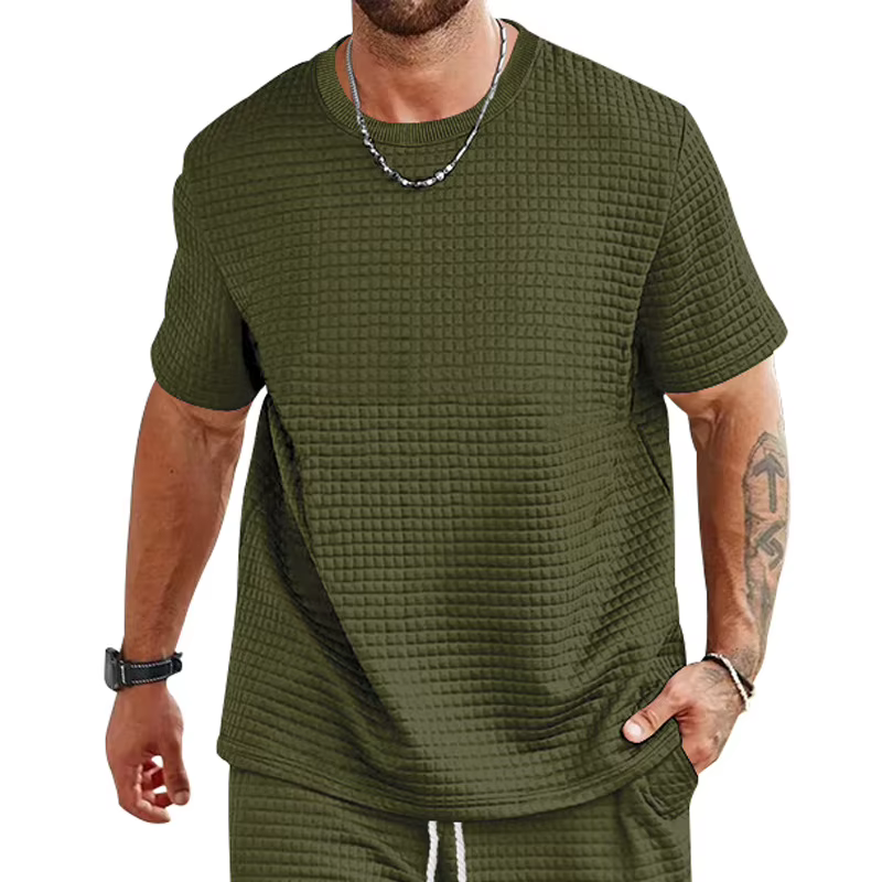 Nouveau T-shirt à manches courtes uni à col rond et petits carreaux pour homme
