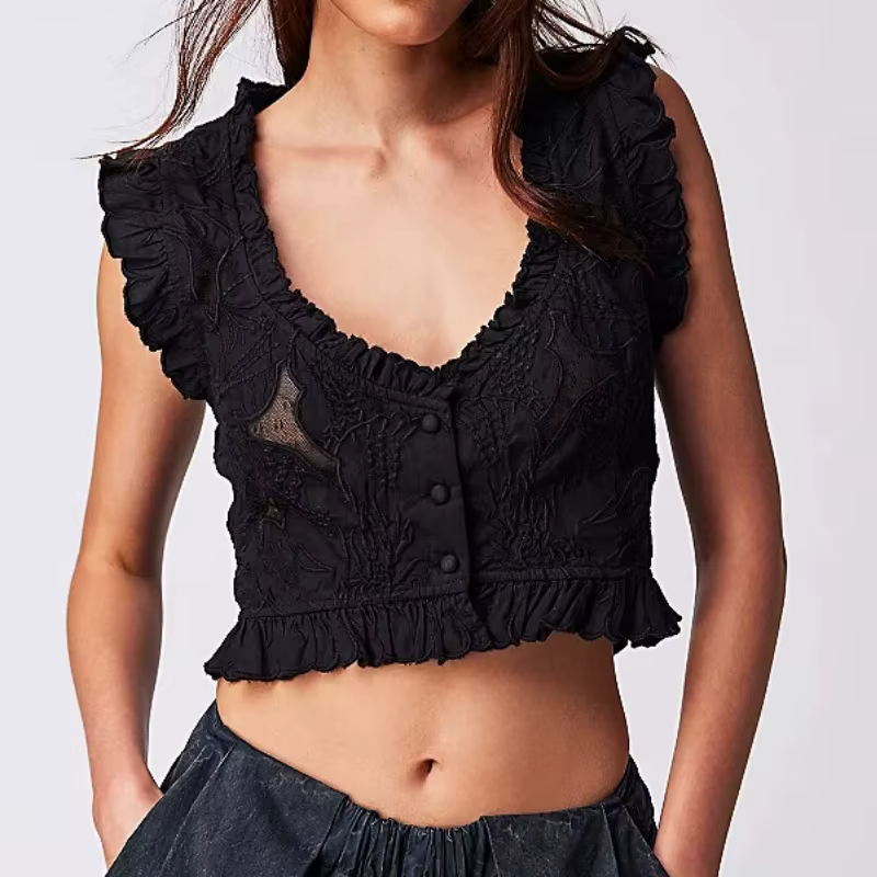 Débardeurs brodés pour femmes Y2K, crop top sans manches, gilet court à volants, hauts d'été rétro floraux, chemisier de soirée