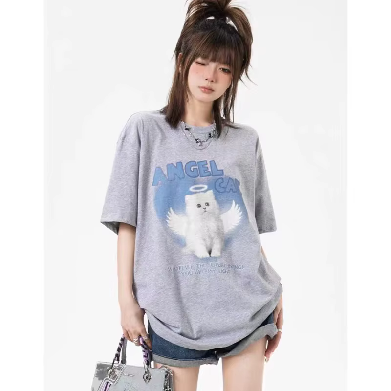 T-shirt imprimé chat ange mignon pour hommes et femmes pur coton mode d'été tendance décontracté confortable Couple haut à manches courtes Harajuku