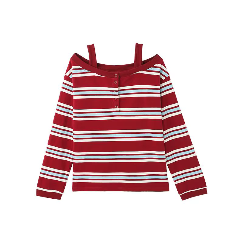 T-shirt à épaules dénudées rayé rouge et bleu