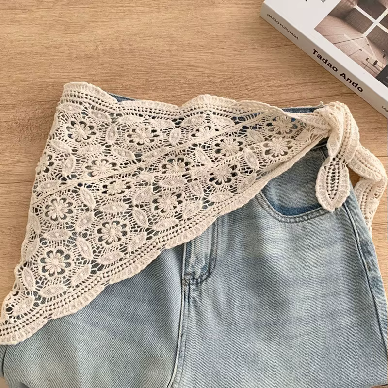 Bandana Crochet fleur Triangle foulard tricoté fleurs taille ceinture femmes Lolita Style coréen écharpe bandeau cheveux accessoires