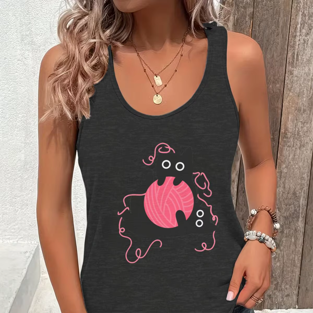 Débardeur graphique chat noir amusant pour femme