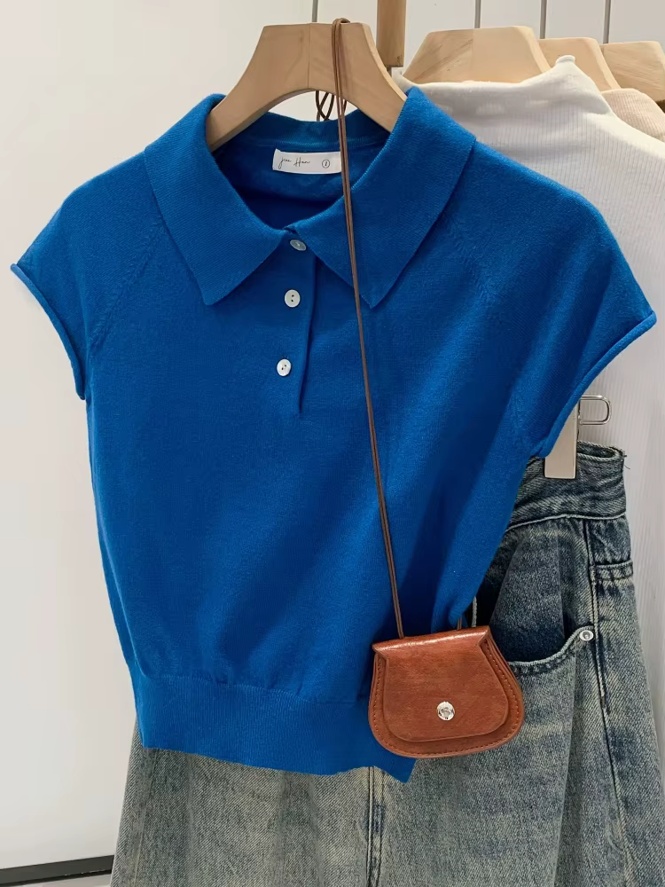 Nouveau T-shirt Femme Col Polo Bleu Marine Été 2026 – Haut Tricoté Chic et Décontracté à Manches Courtes Couleur Unie Tendance