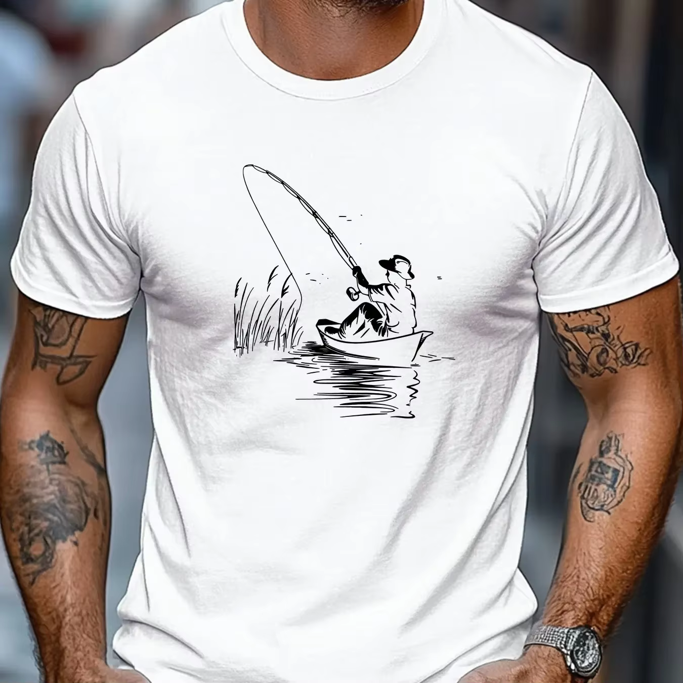 T-shirt à manches courtes pour homme avec motif bateau et pêche