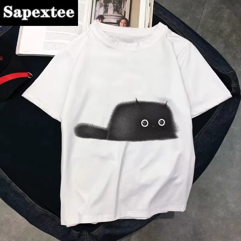 T-shirt col rond femme blanc, estival et aéré, avec chat kawaii, 2020
