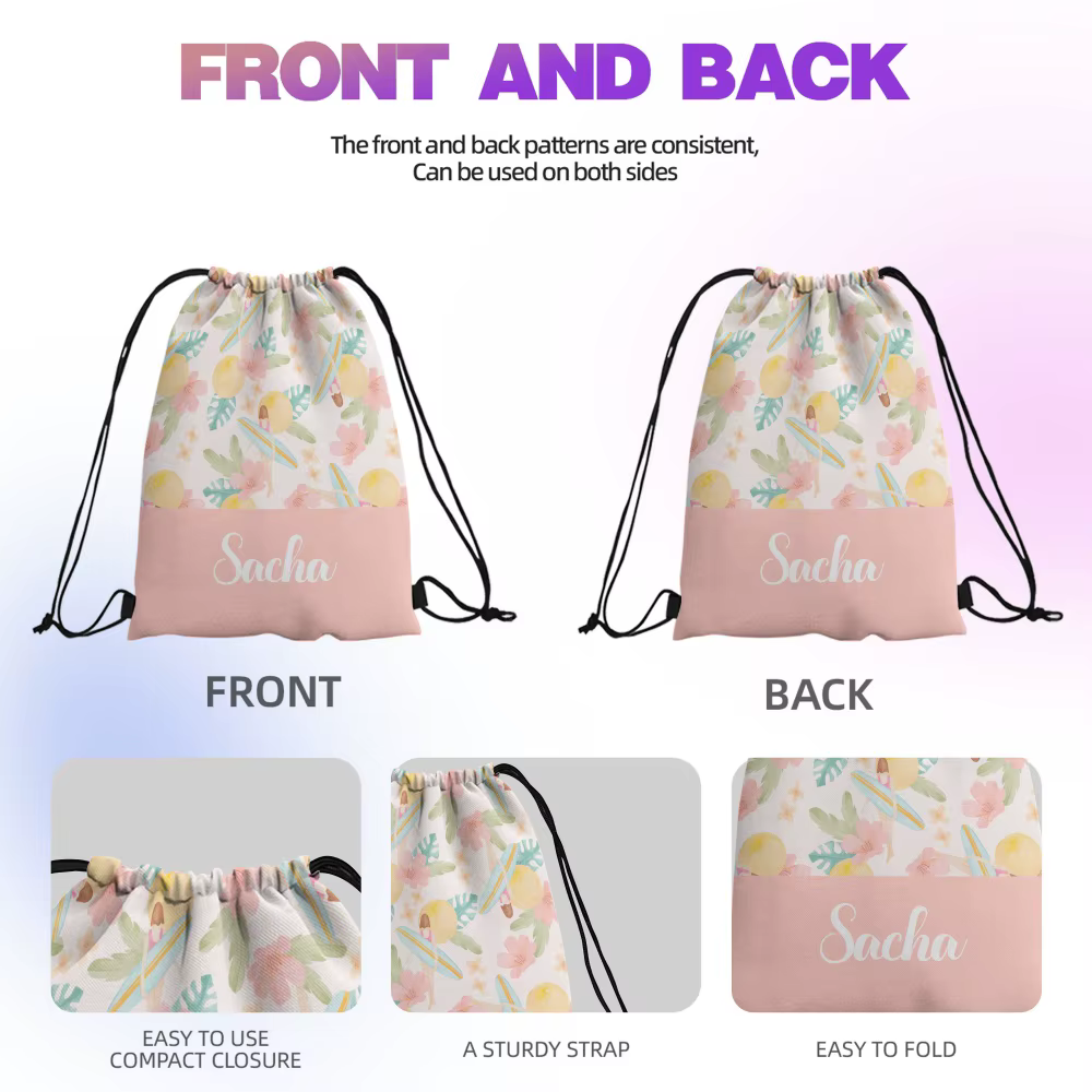Sac à cordon personnalisé avec nom sur mesure - Idéal pour les escapades estivales à la plage