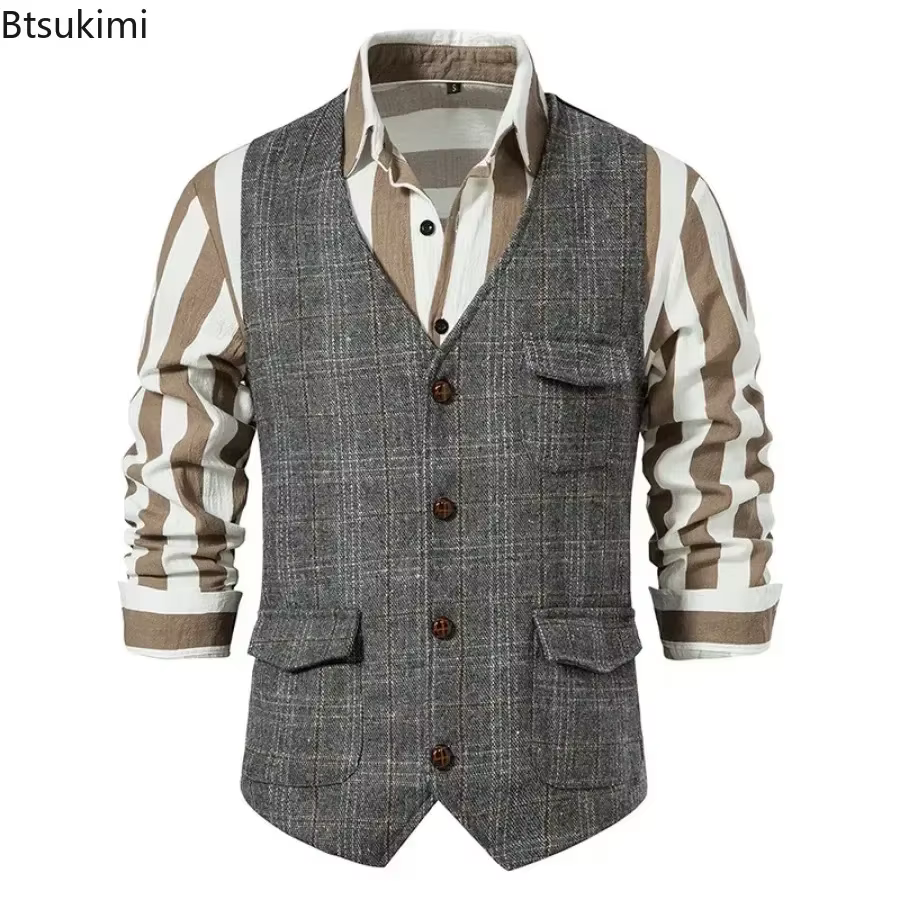 Gilet en Tweed à carreaux pour hommes, Vintage, simple boutonnage, haut de costume de Style anglais, décontracté, pour fête d'affaires, 2026