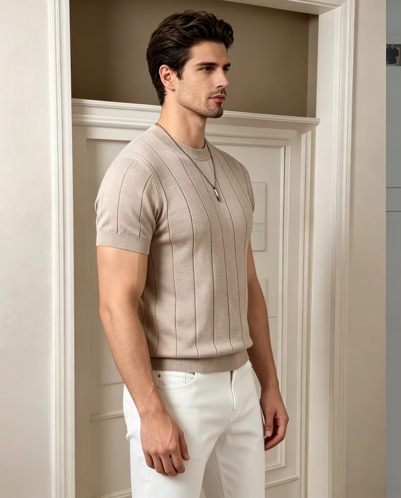 Polo à manches courtes en tricot côtelé pour homme | T-shirt à col rond uni coupe ajustée | Haut décontracté d'été
