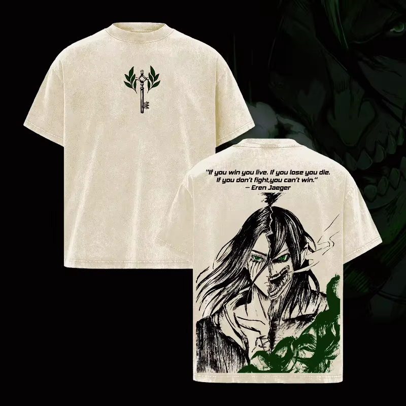 T-shirt Anime Attack on Titan Eren Jager Vintage Lavé Coupe Oversize Homme Femme Vêtements Manches Courtes Coton Hauts