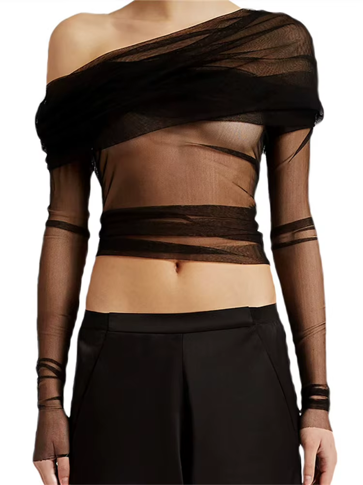 Femmes chemises courtes manches longues épaules dénudées hauts plissés décontracté élégant Sexy maille pure Blouse