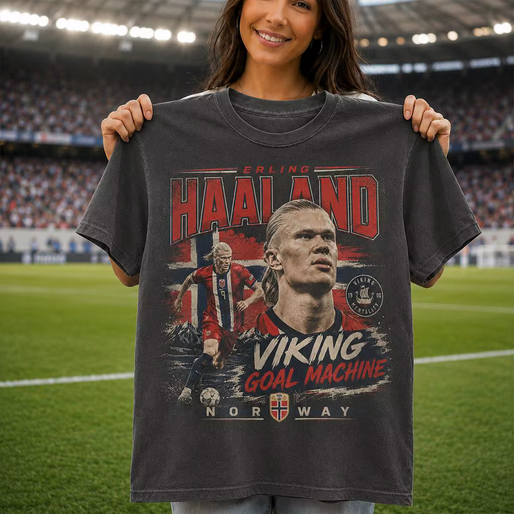 T-shirt imprimé rétro Erling Haaland Norvège Football Portrait Vintage Lavé Viking Machine à Buts Streetwear Coton