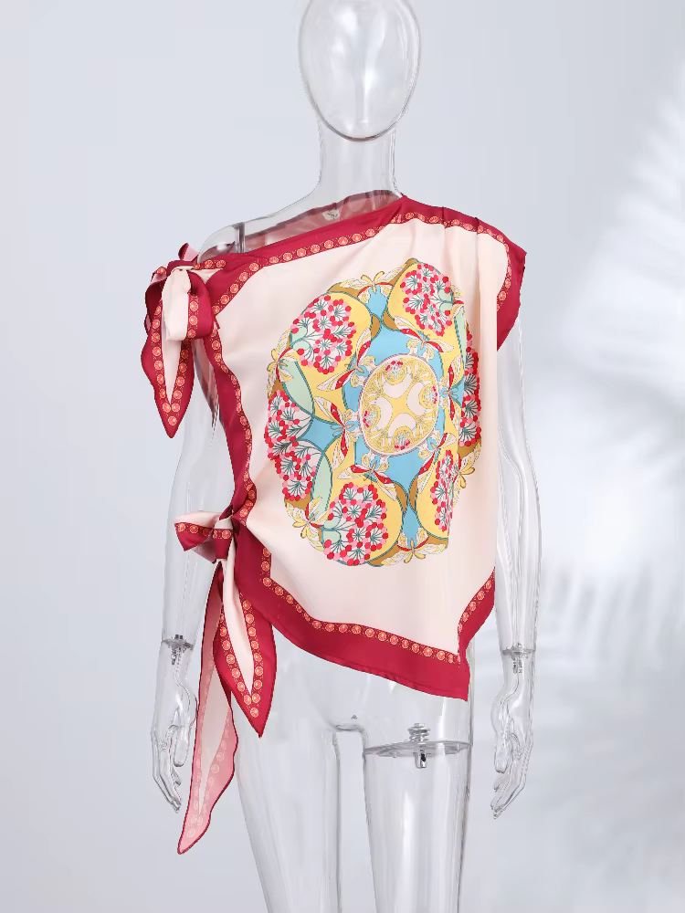 Nouveau débardeur asymétrique imprimé à une épaule avec lien pour femme, coupe ample et irrégulière, idéal pour la fête ou la plage