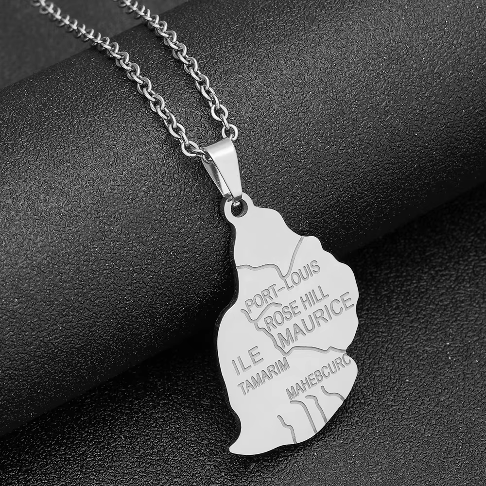 ILE Lung Map City Pendentif Collier pour Homme et Femme, Acier Inoxydable, Or, Argent, Document, Afrique, Maurice, Cartes, Bijoux, Cadeau