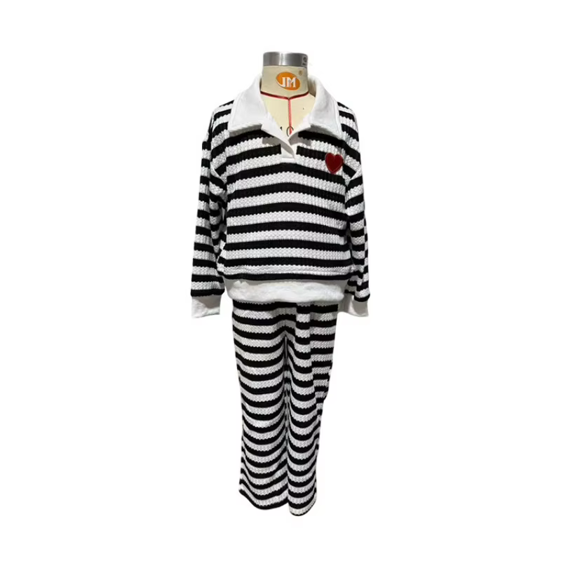 Ensemble deux pièces pour enfants, T-shirt à manches longues et col Polo rayé noir et blanc, nouvelle collection printemps/été 2026