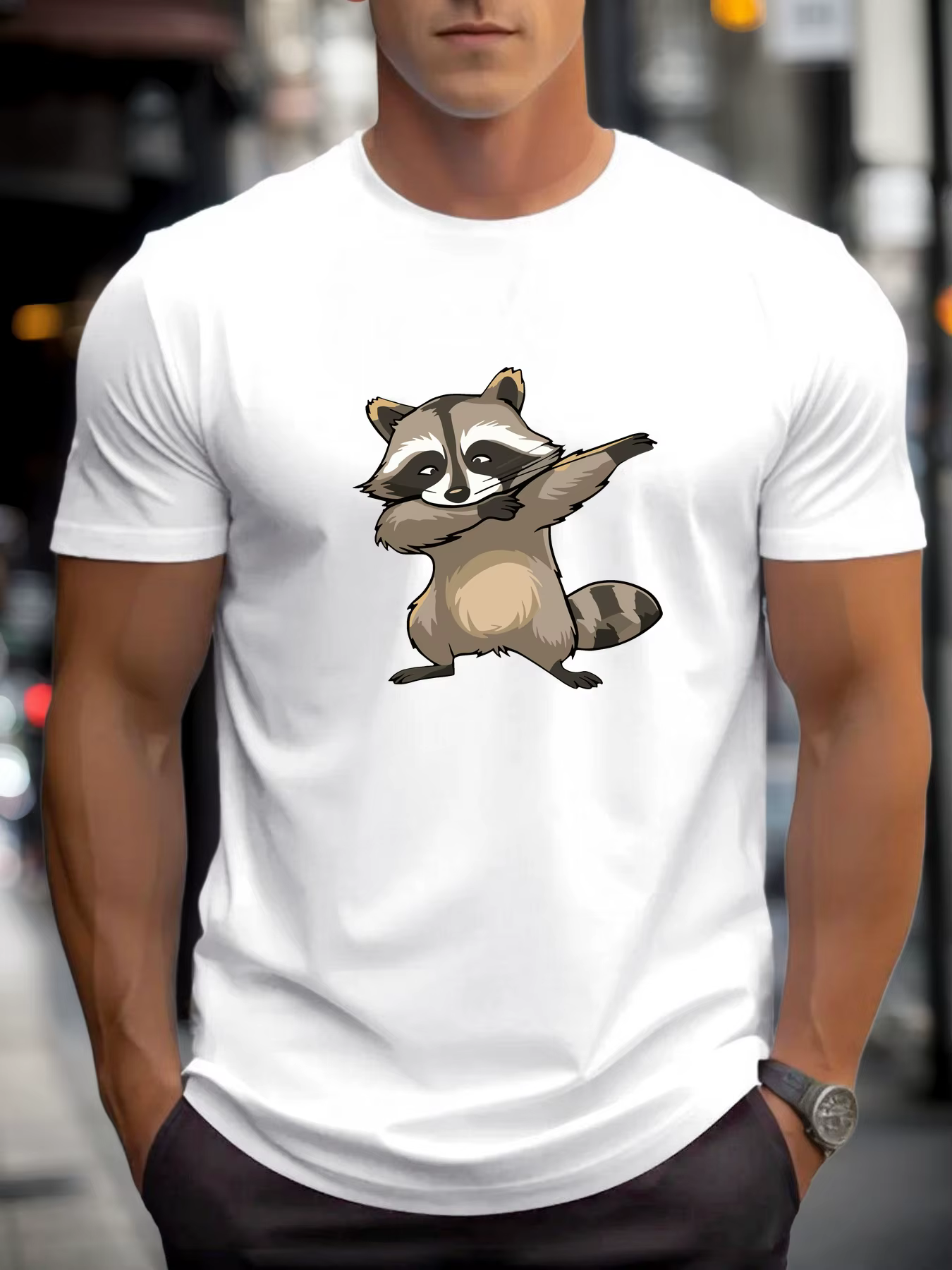 T-shirt pour hommes raton laveur 100 % coton imprimé graphique été col rond