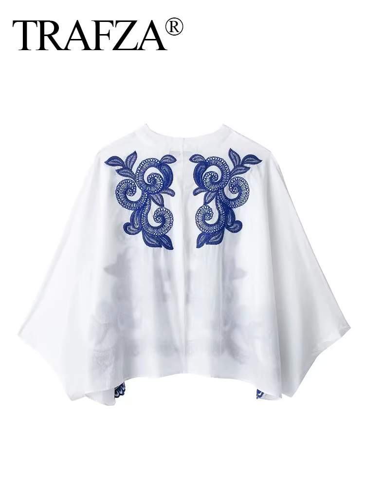 HH 2024 femmes mode bleu broderie florale Blouse décontracté ample col en V simple boutonnage chemise femme Chic haut Y2K