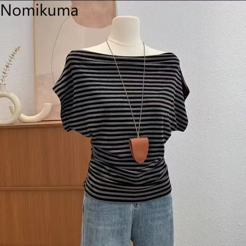 2025 vêtements pour femmes rayé t-shirts à manches courtes Slash cou décontracté Camisetas Ropa Mujer mode été