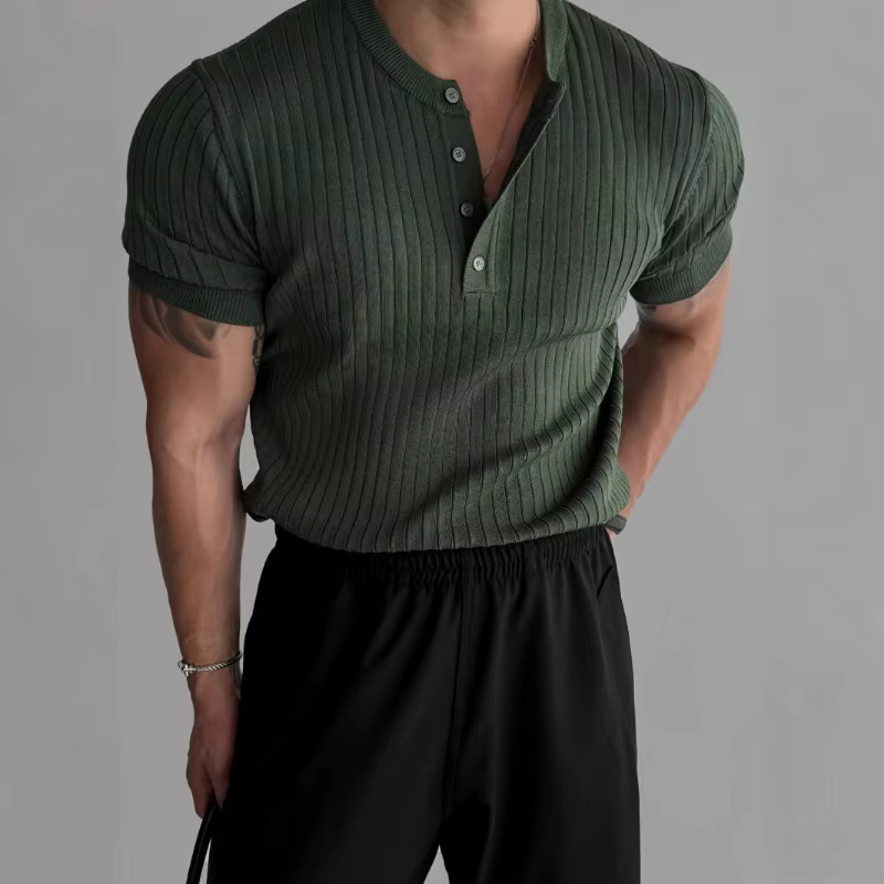 Chemise Henley côtelée ajustée pour homme, manches courtes, boutonnée, décontractée, style muscle