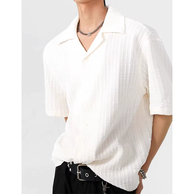 T-shirt décontracté polyvalent à col cubain texturé à manches courtes pour homme – Nouvelle collection été 2026