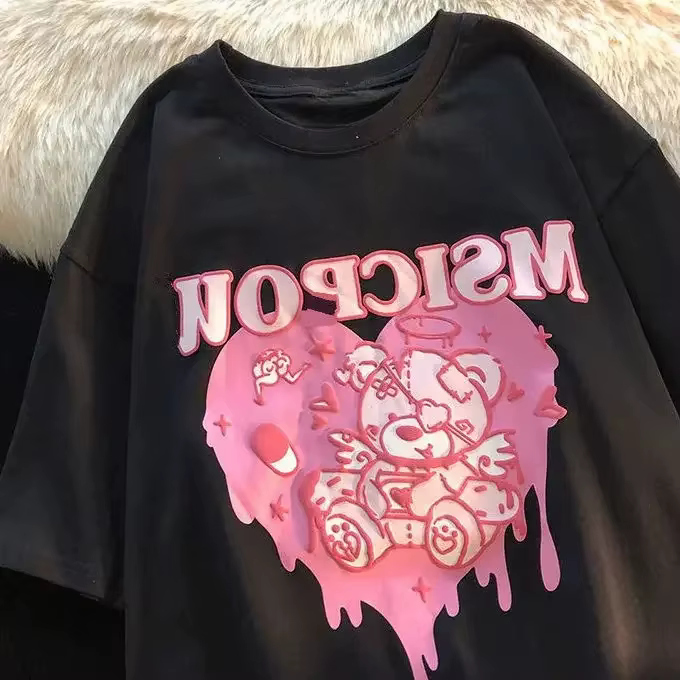 Kawaii femmes T-Shirt coréen rose amour ours imprimé à manches courtes