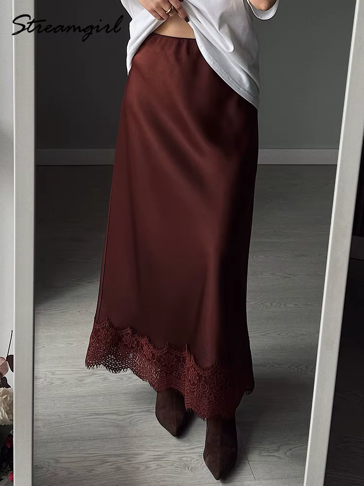 Jupes longues en satin marron Streamgirl pour femmes